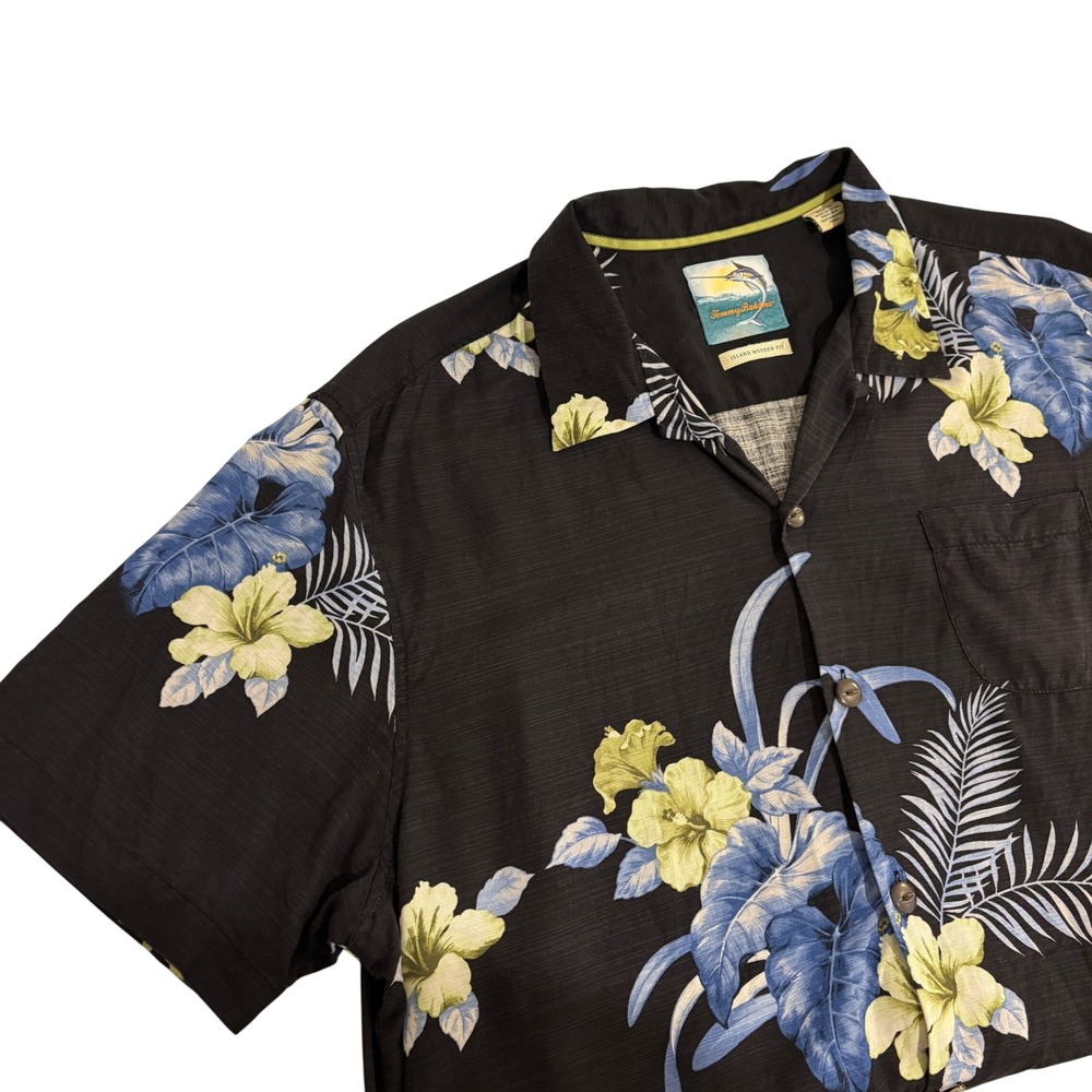 Tommy Bahama Silk Floral Shirt Mens XL Black Blue Island Modern Fit Tropical